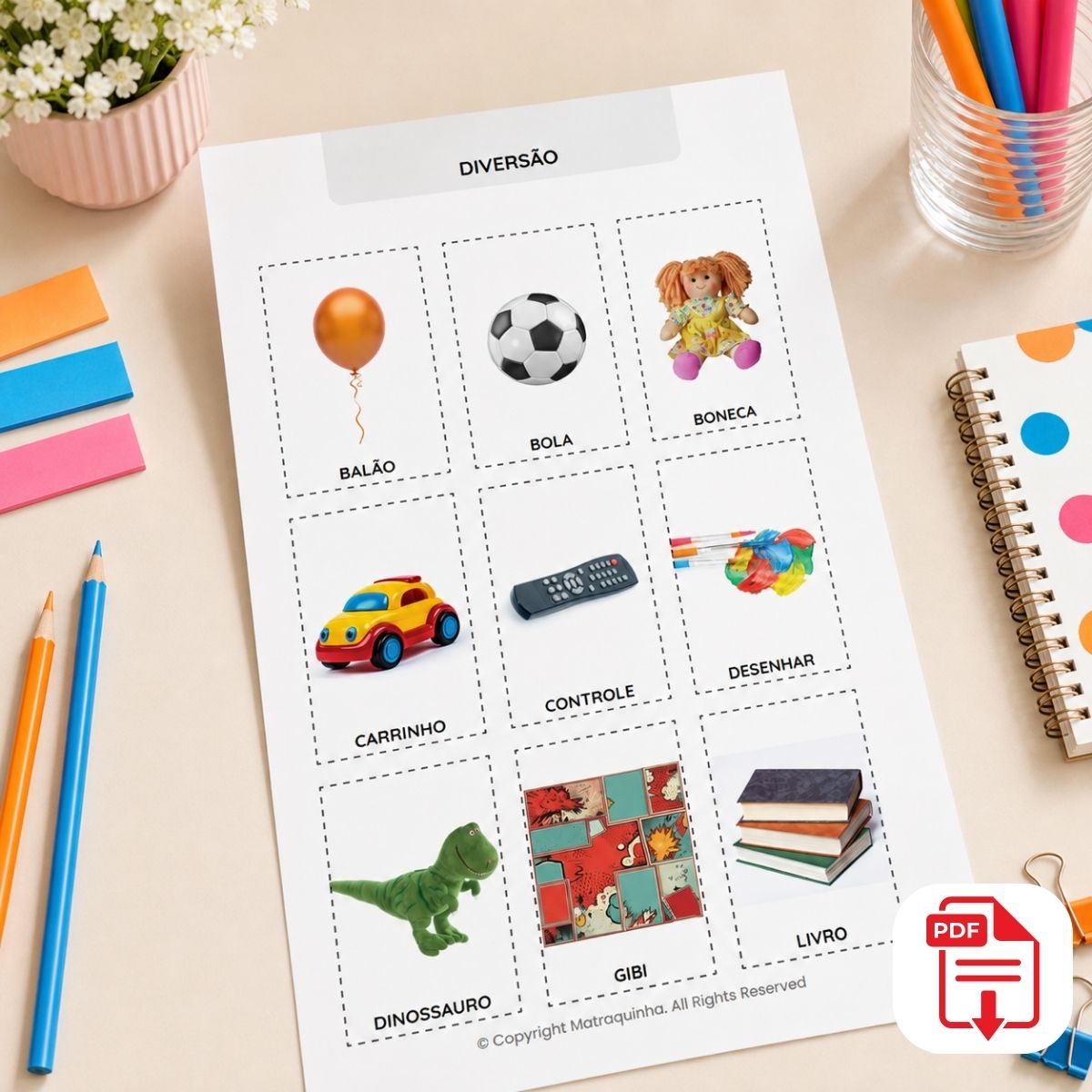 Página de exemplo de Diálogos Visuais incluída no Kit Avançado, foto real categorizada