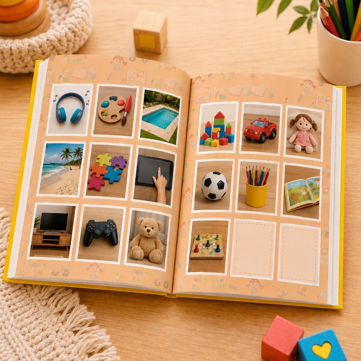 Detalhe de personalização do Kit Duo Matraquinha Menino, página do livro com foto real colada